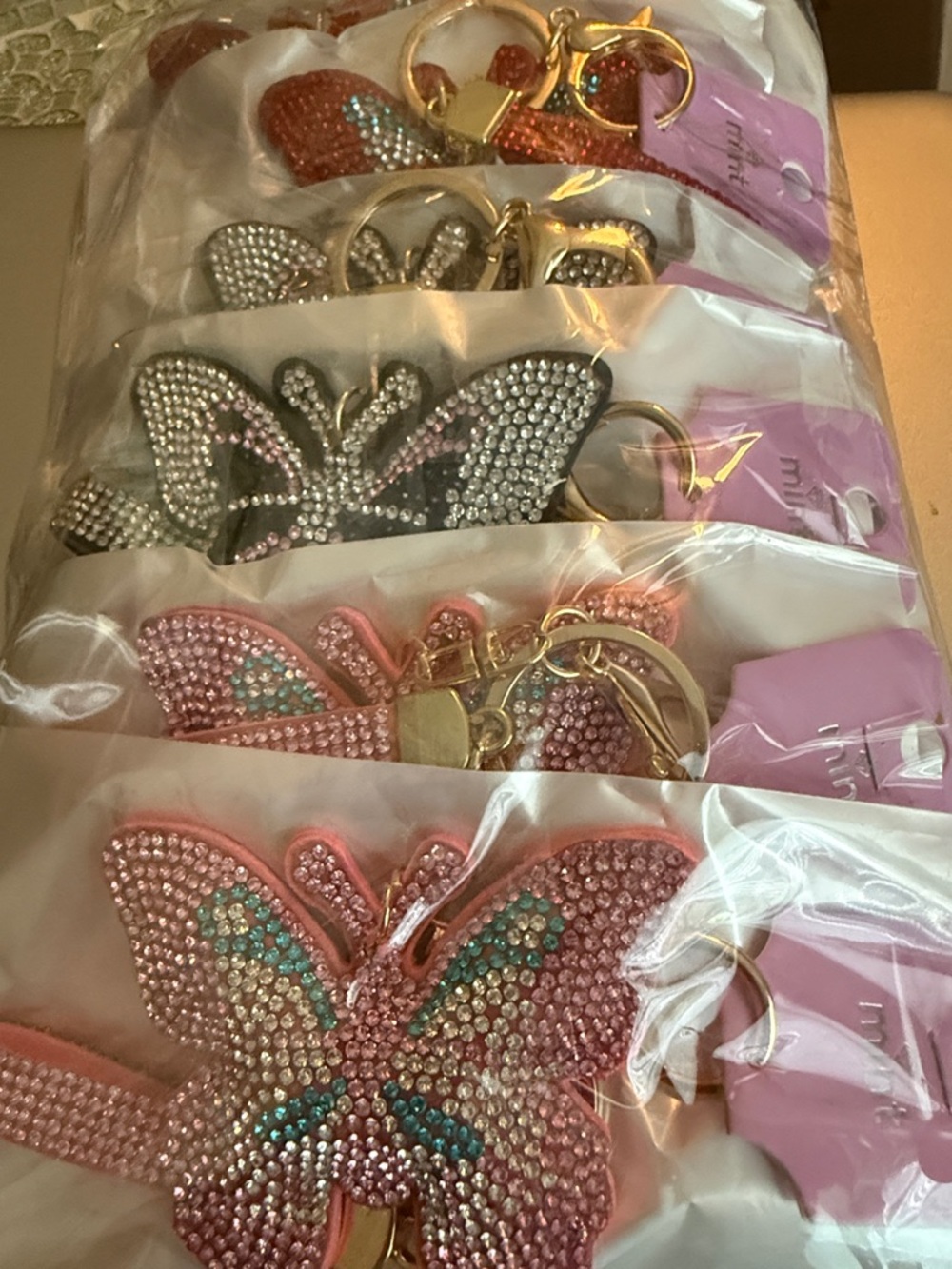 12 Pack Large Rhinestone Butterfly Keychains Multiple Colors